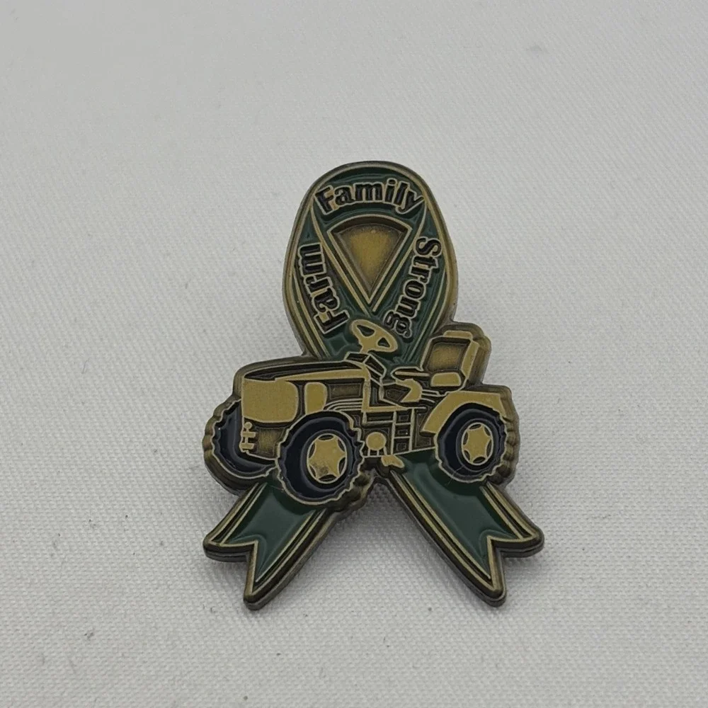 Farm Family Strong Green Ribbon Tractor Mower Lapel Hat Pin Crown Awards
